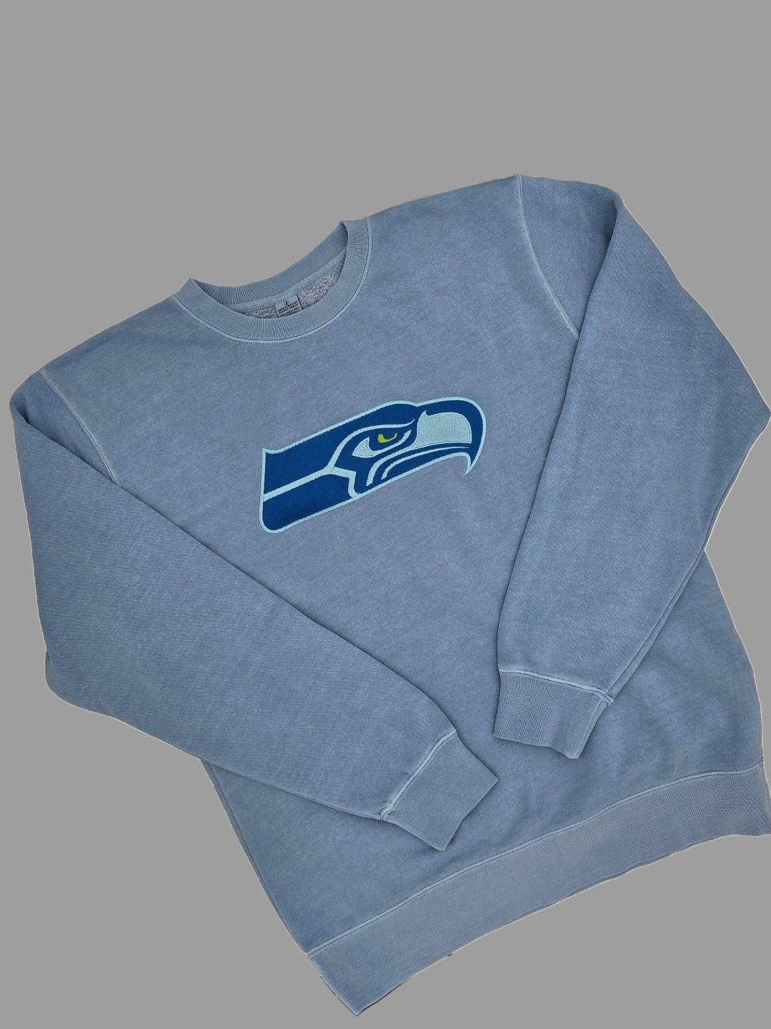 Go Hawks - Embroidered Pigment Dyed 9oz Midweight Crewneck (Light Blue)